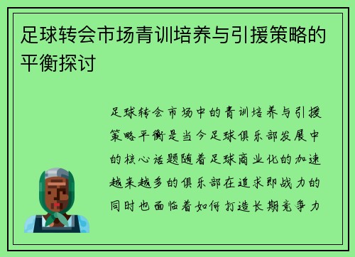足球转会市场青训培养与引援策略的平衡探讨 足球转会市场青训培养与引援策略的平衡探讨